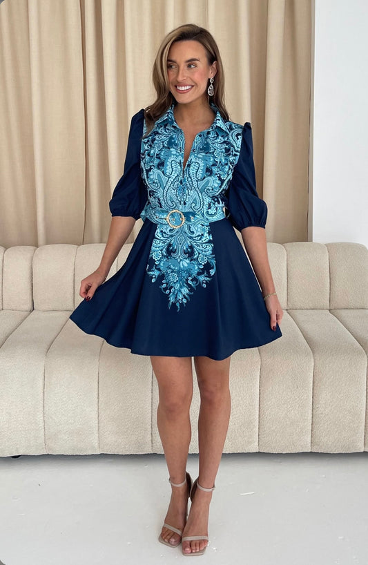 Holland Paisley Print Collar Mini Dress Navy