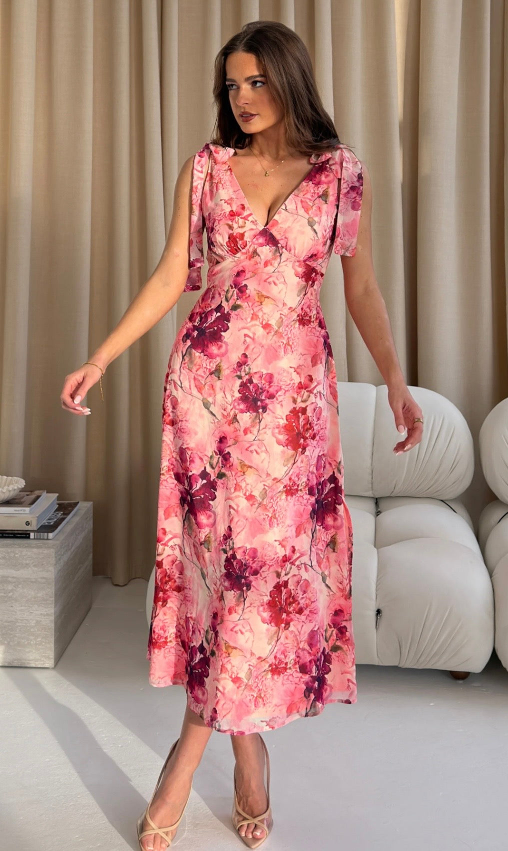 Beverly Floral Tie Shoulder Midi Dress