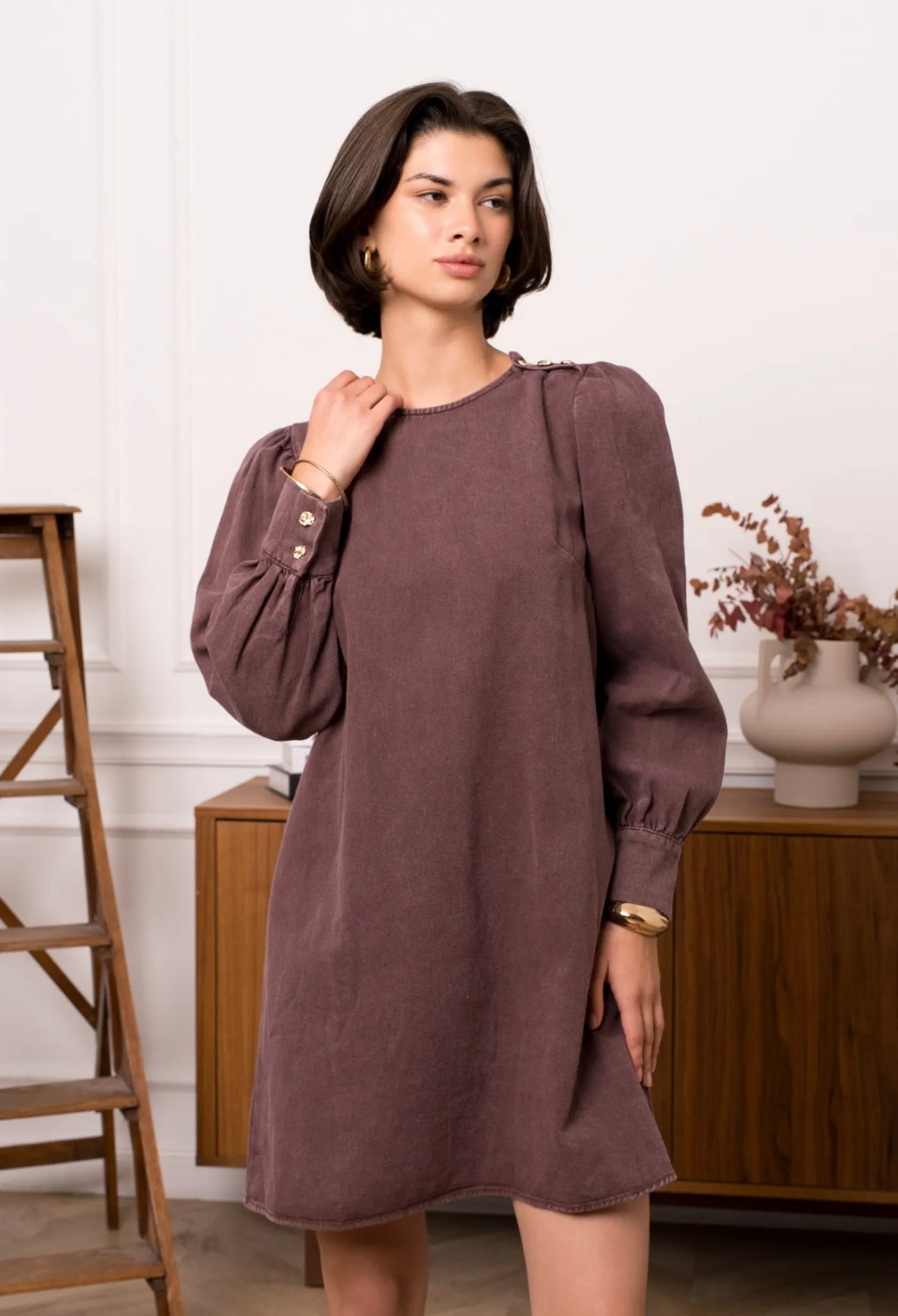 Chocolate Denim Dress With Gold Button Detail