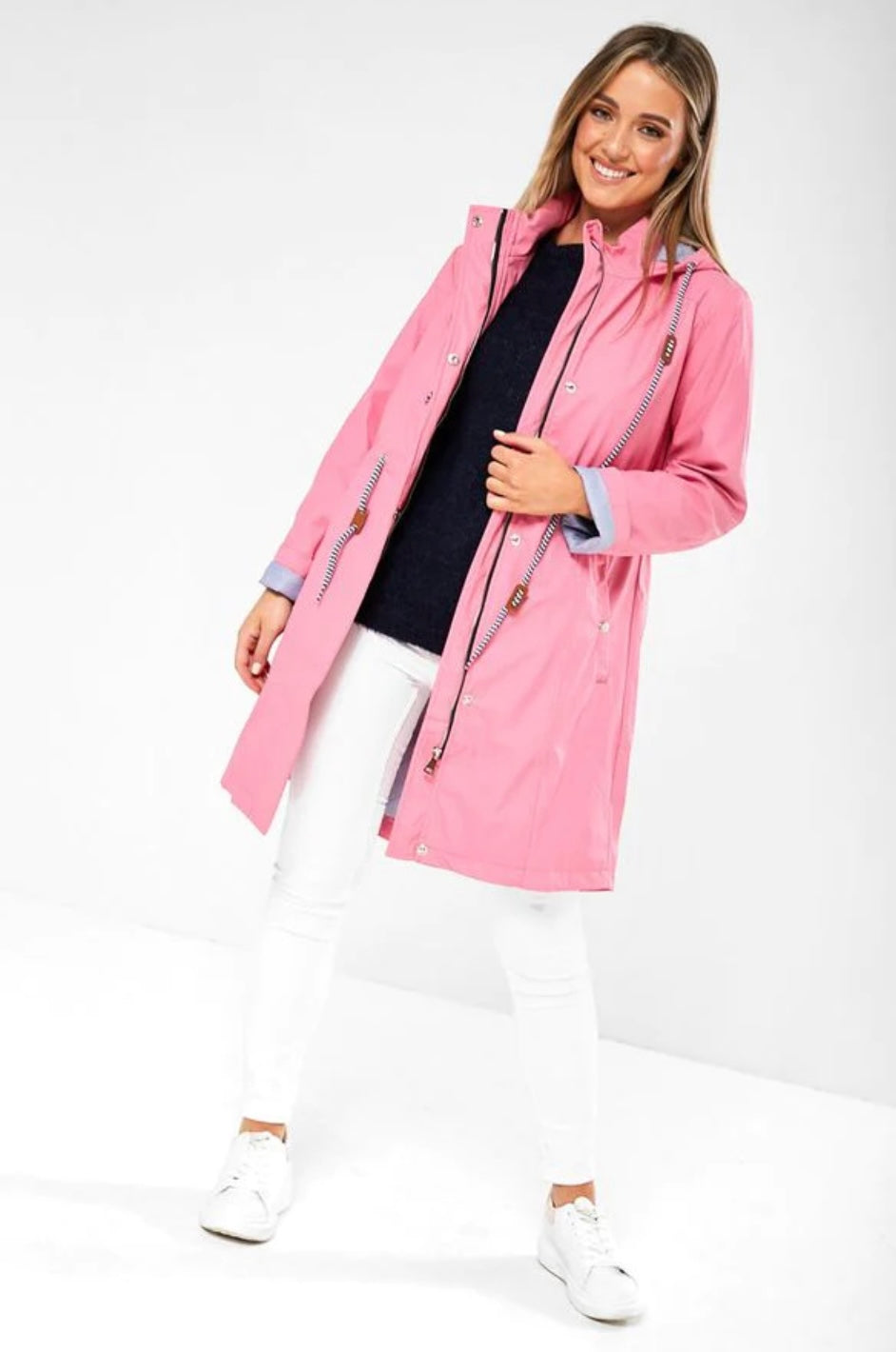 Striped longline Raincoat In Candy Pink