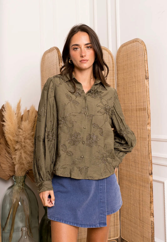 Khaki Metallic Embroidered Shirt