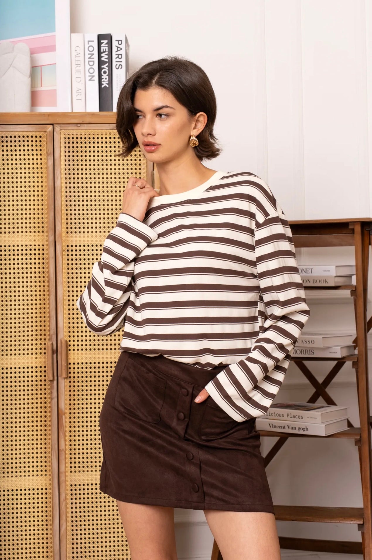 Brown & Cream Striped Long Sleeve Top
