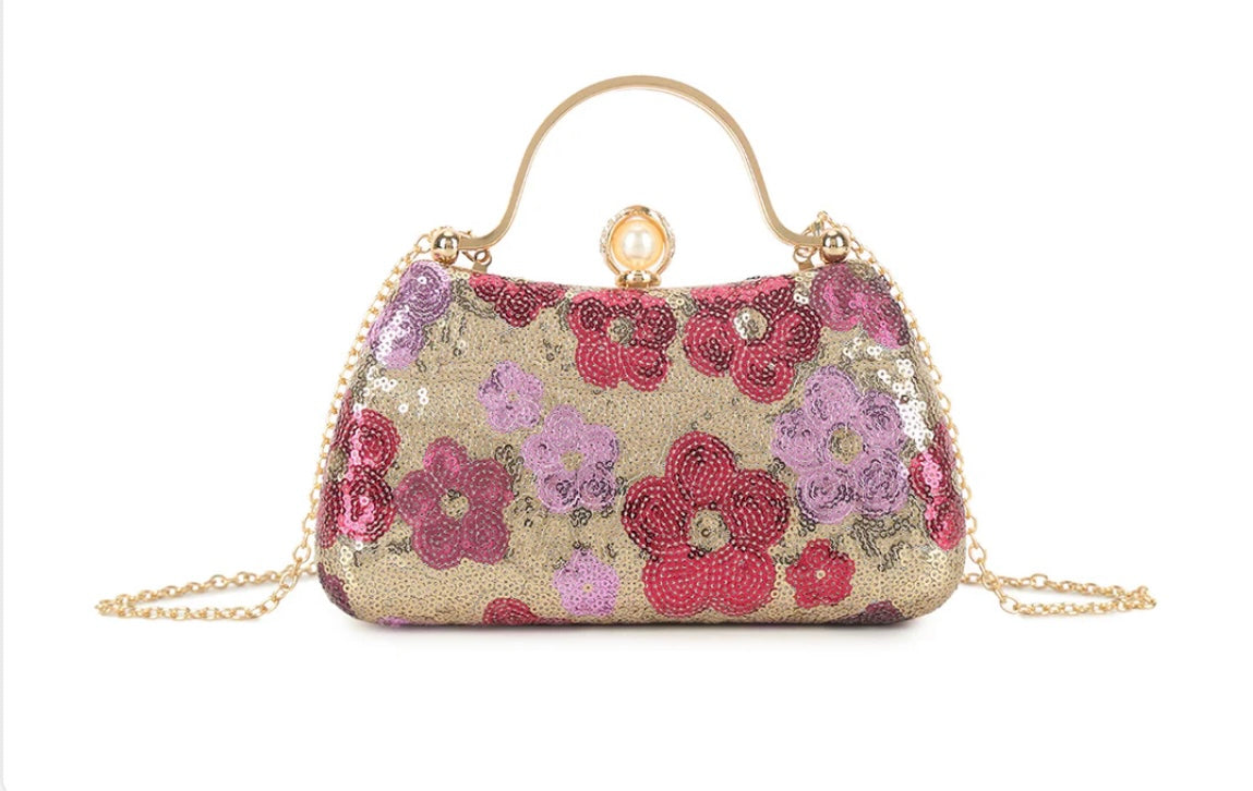 Rose Gold Diamanté Handle Floral Sequin Bag