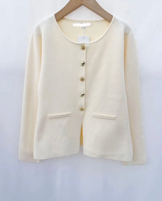 Carly Cream Peplum Cardigan Top With Gold Button Appliqué