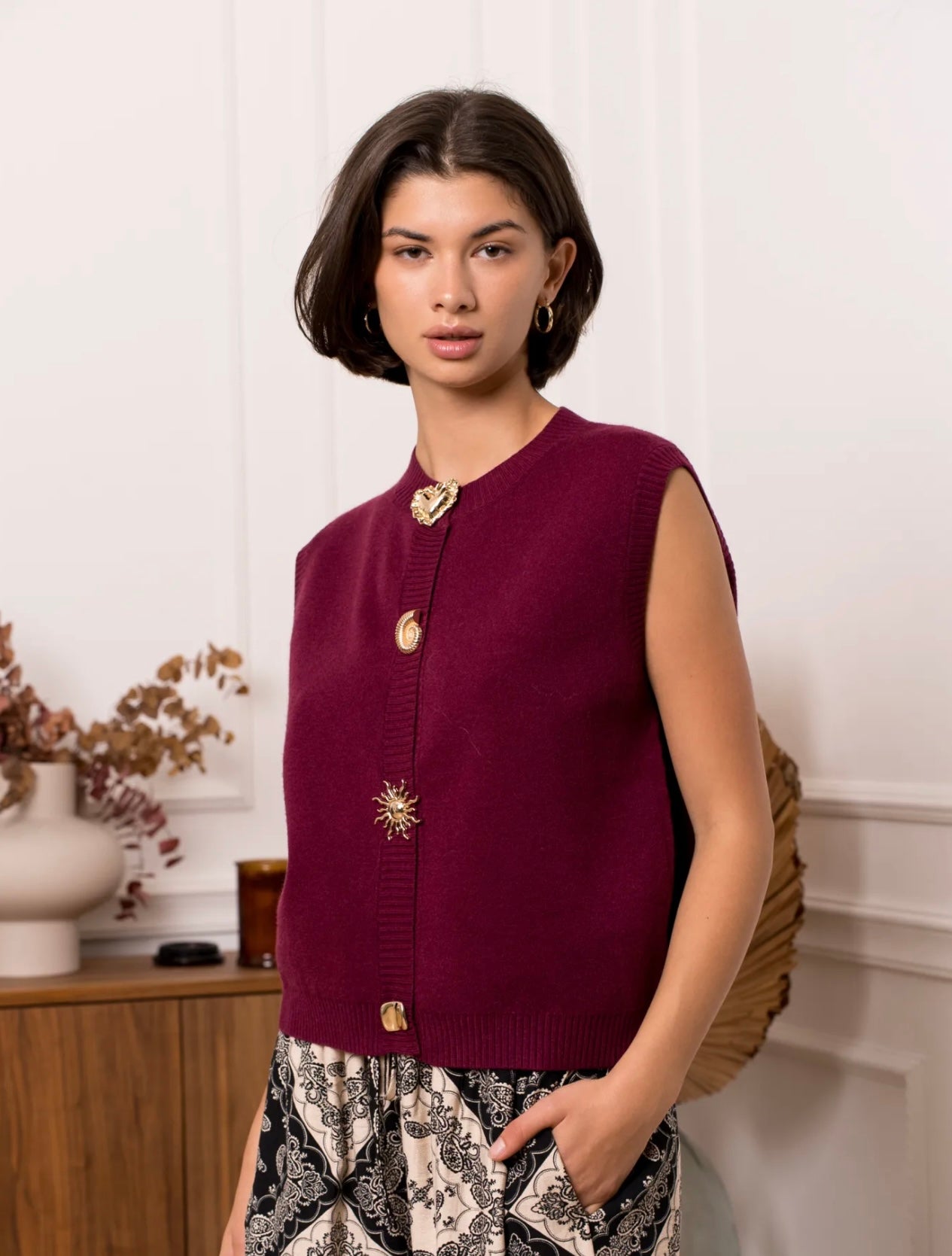 Burgundy Waistcoat With Statement Buttons
