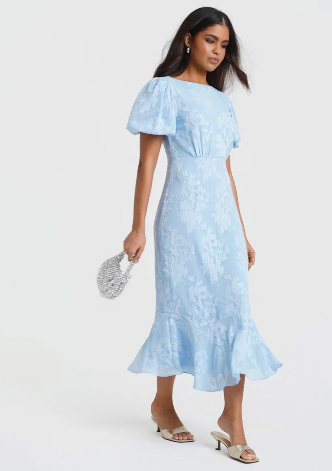 Eleanor Blue Jacquard Shimmer Puff Sleeve Occasion Dress