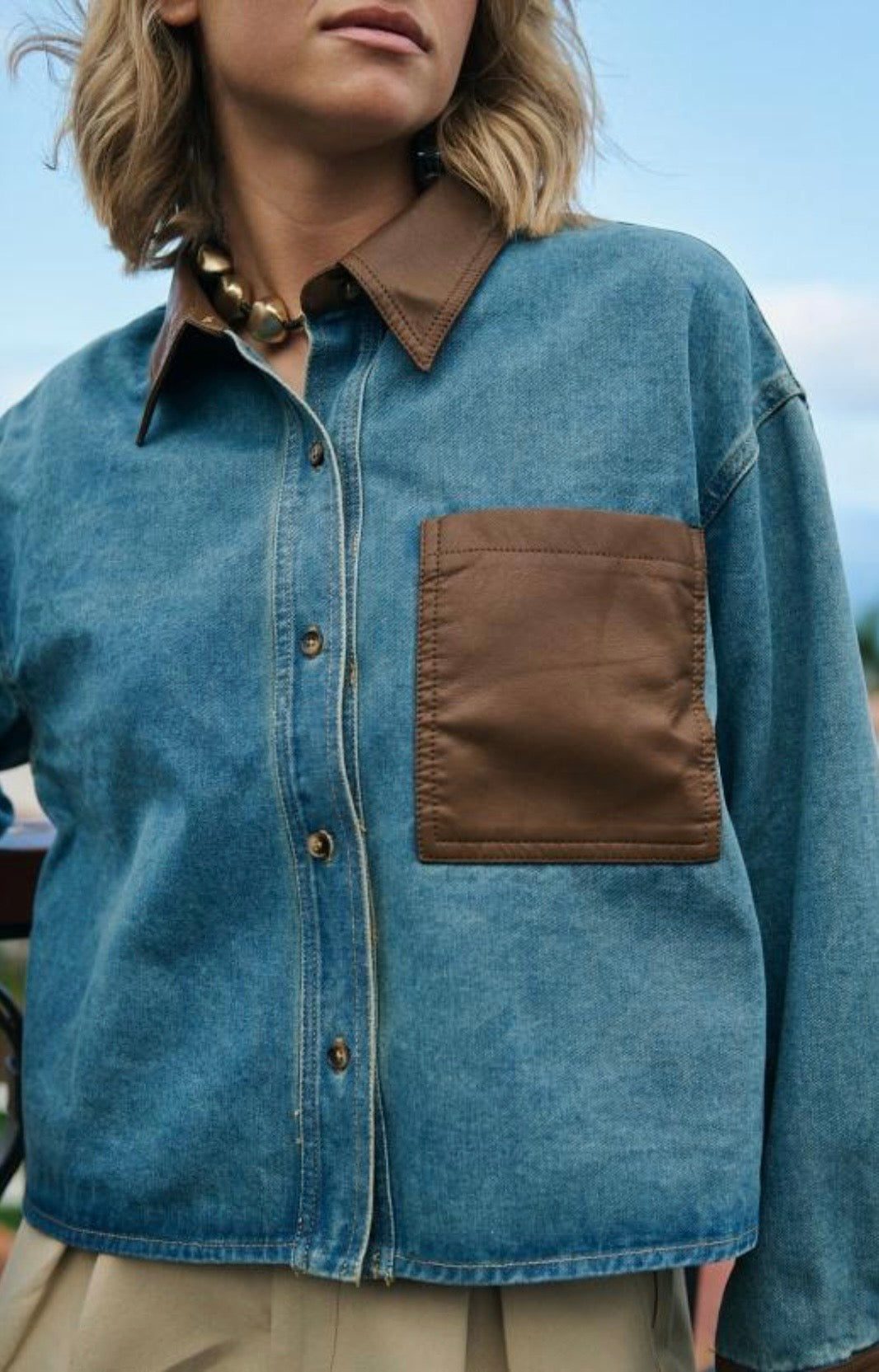 Niamh Denim Jacket With Brown PU Details (size 8-10, 14-16)