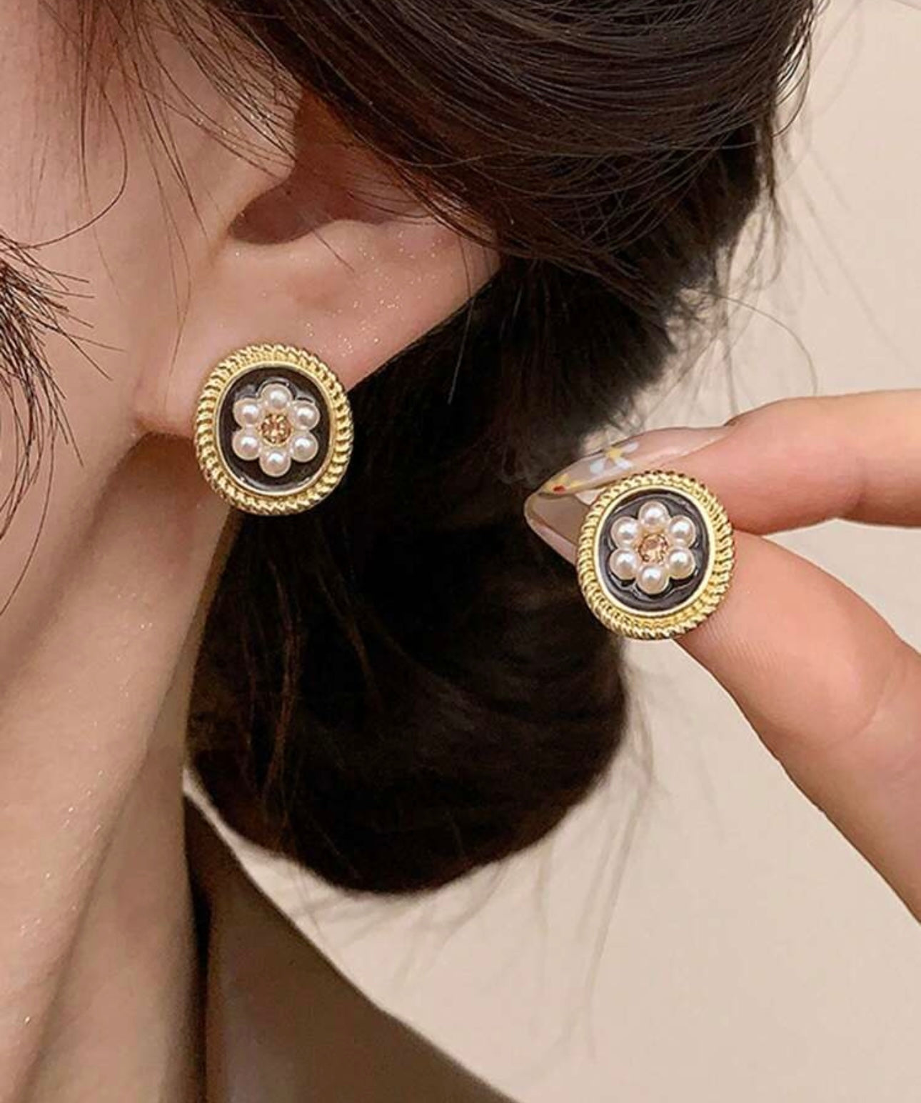 Brown Pearl & Gold Floral Earrings