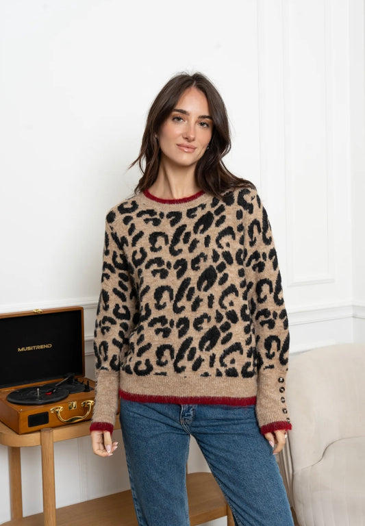 Leopard Print Jumper With Burgundy Trim