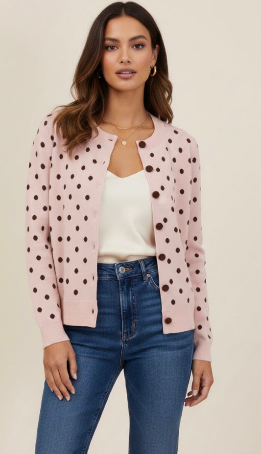 Ava Pink & Brown Polka Dot Cardigan