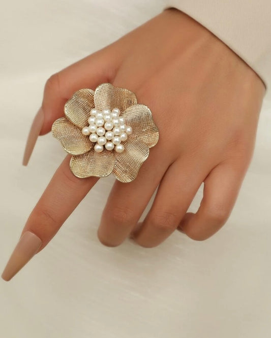 Oversized Pearl Flower Gold Ring
