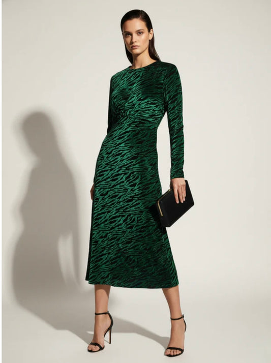 Velvet Zebra Print Midi Dress In Emerald & Black