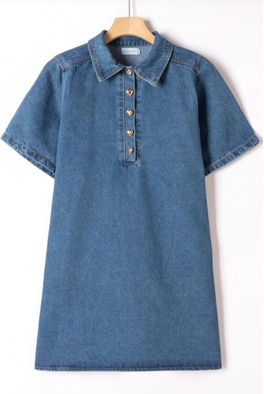 Sofia Denim Dress With Gold Heart Button Detail