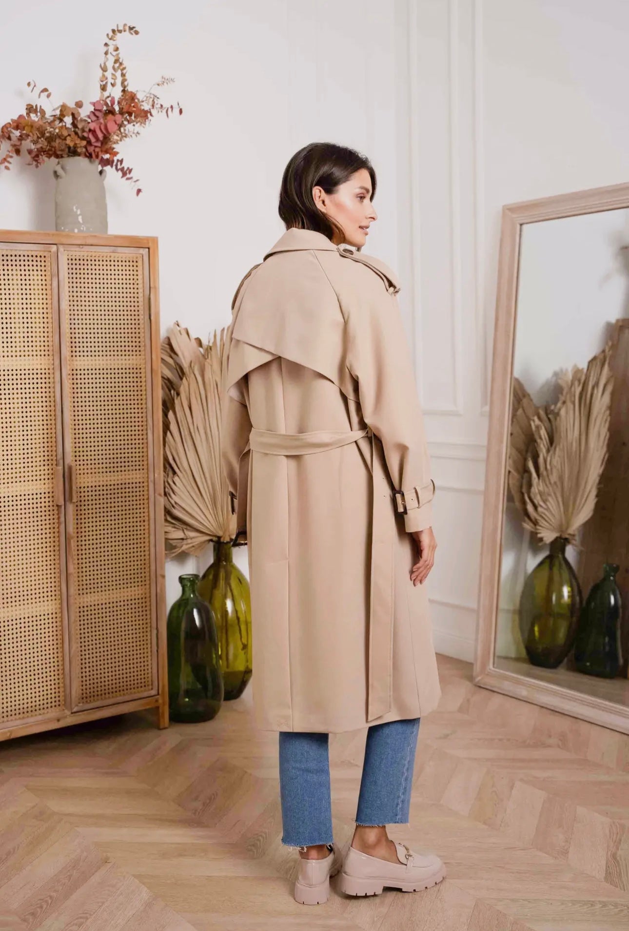 Reva Long Belted Trench Coat In Beige