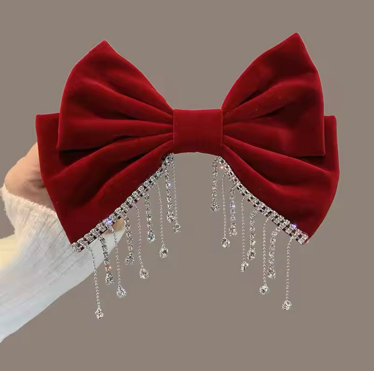 Red Diamanté Drop Detail Velvet Bow