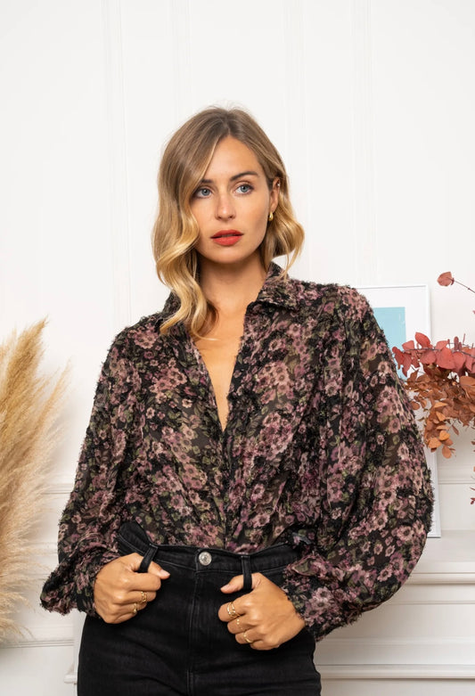 Black Plum Floral Sheer Blouse