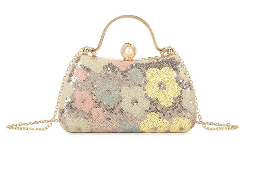 Gold Diamanté Handle Floral Sequin Bag