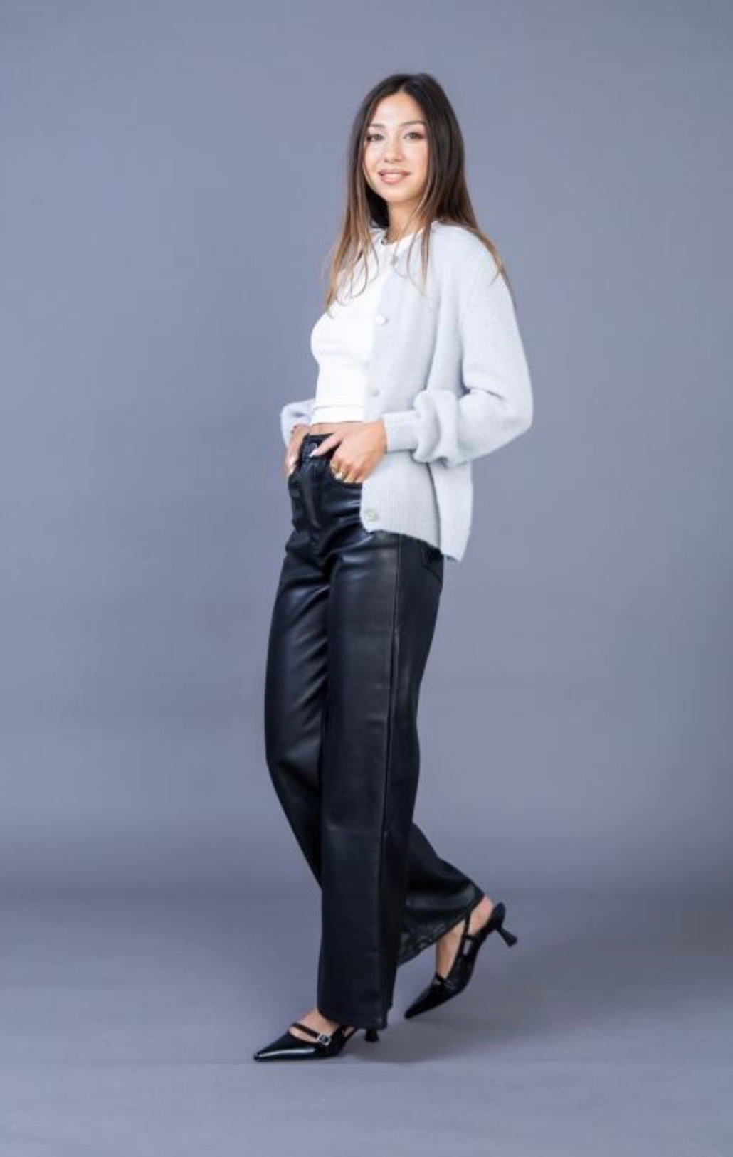 Black Leather Wide Leg Trousers