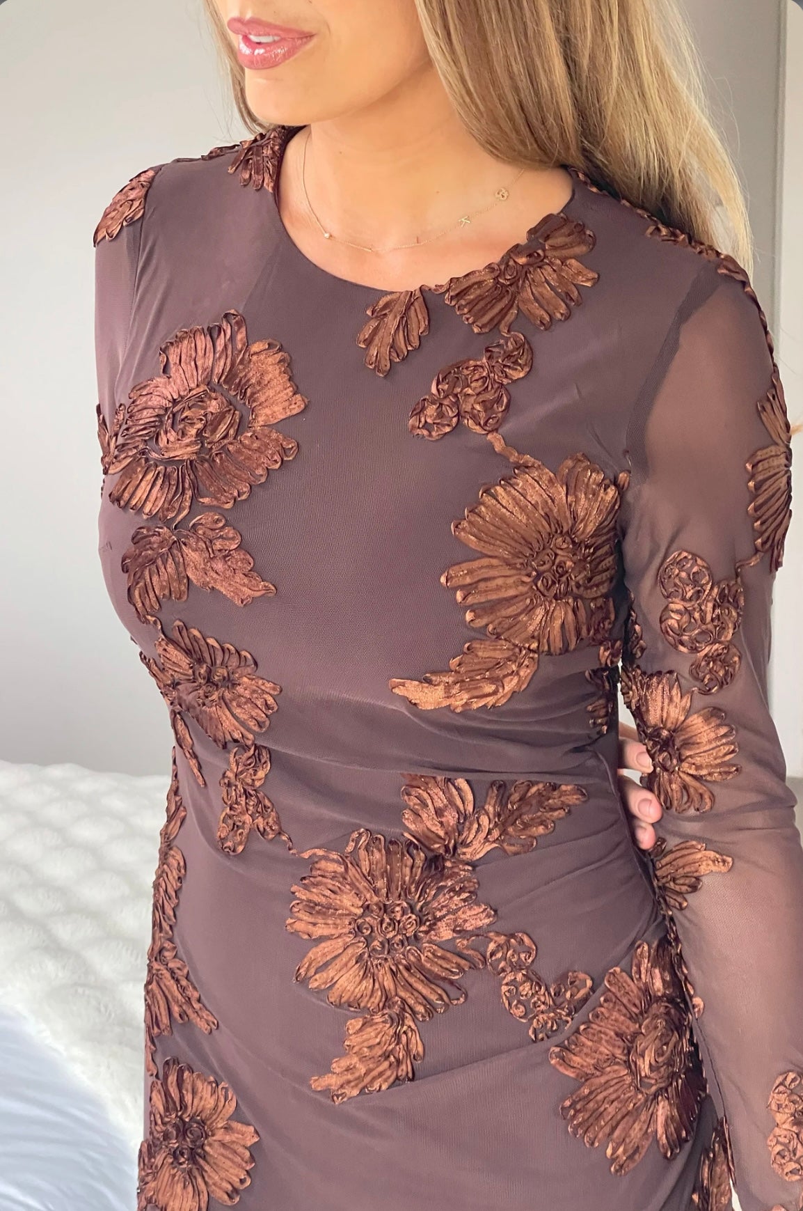 Elodie Floral Embroidered Mesh Bodycon Dress Brown