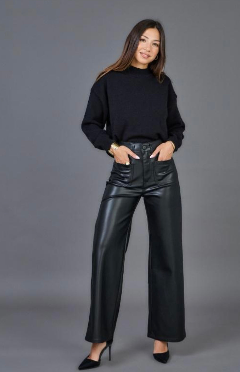 Black Leather 2 Front Pocket Wide Leg Trousers