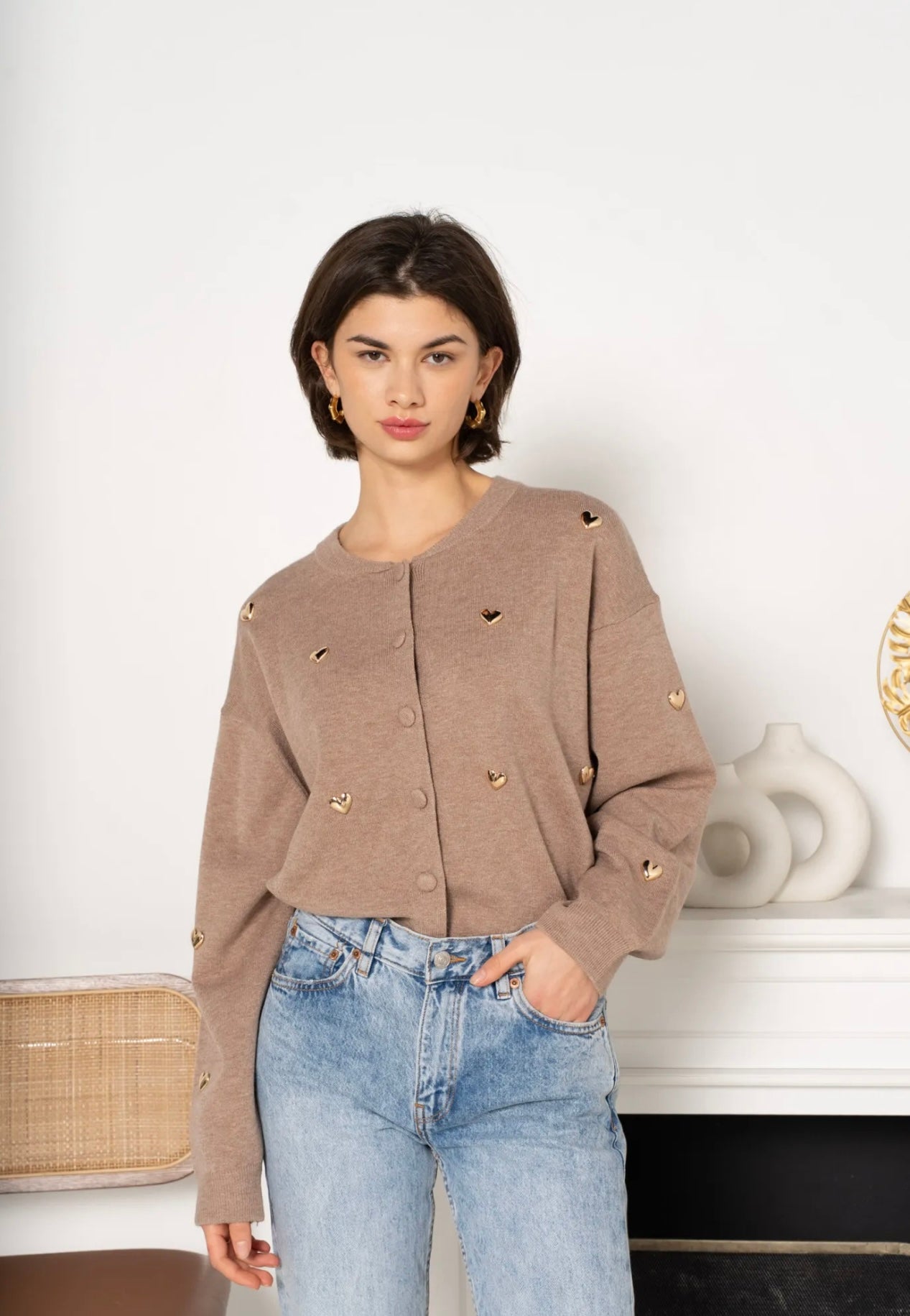 Natasha Taupe Heart Appliqué Detail Cardigan