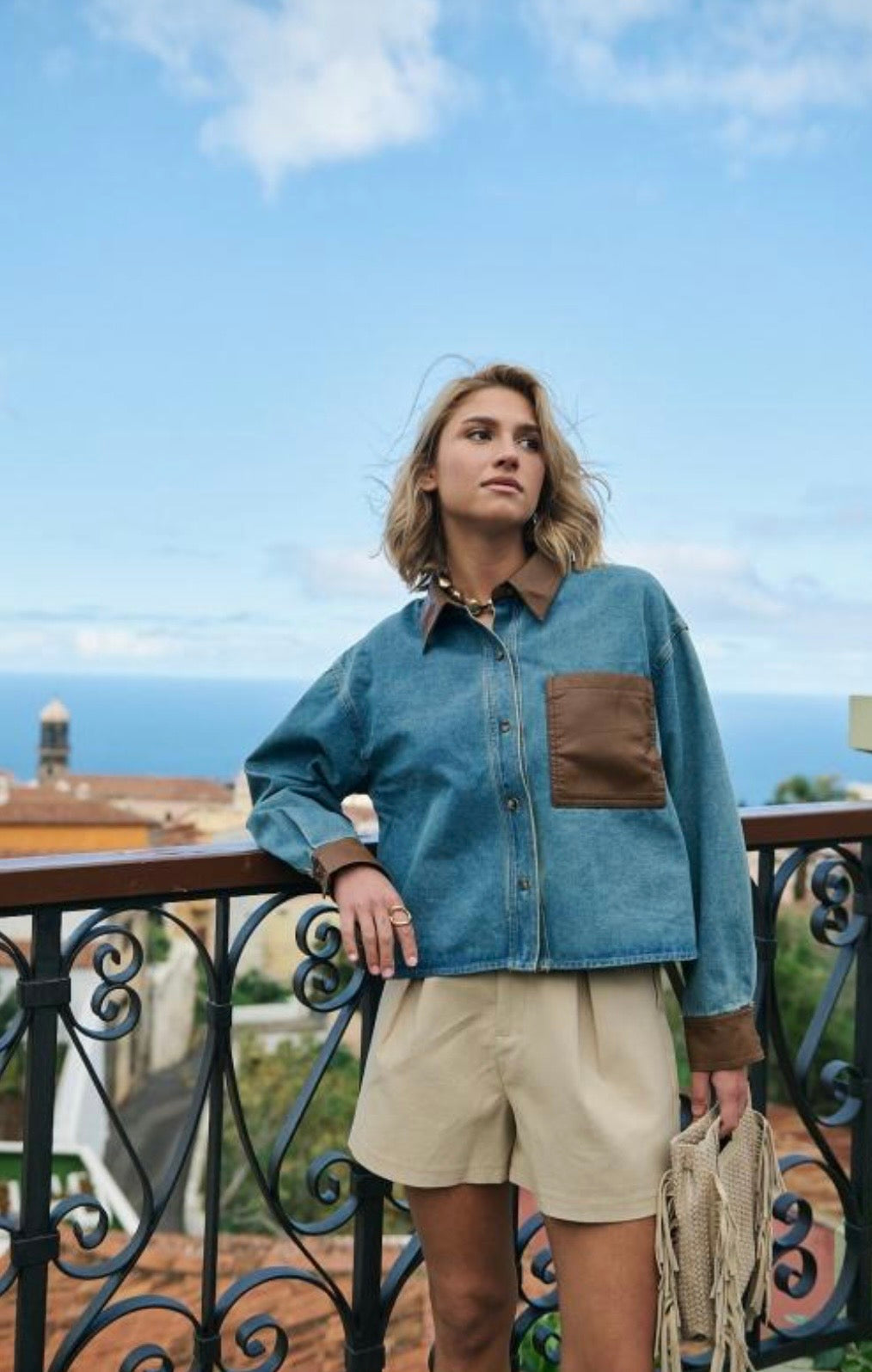 Niamh Denim Jacket With Brown PU Details (size 8-10, 14-16)