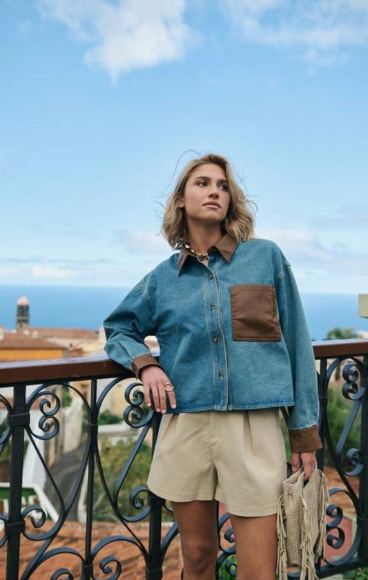 Niamh Denim Jacket With Brown PU Details