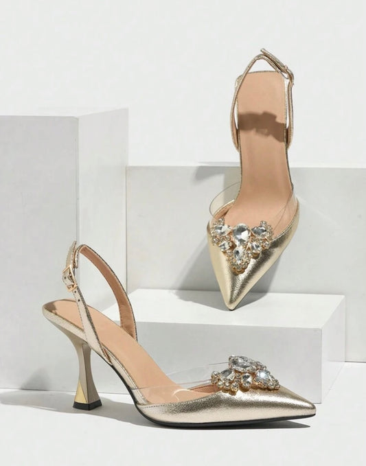 Gold Slingback Heels With Brooch Detail