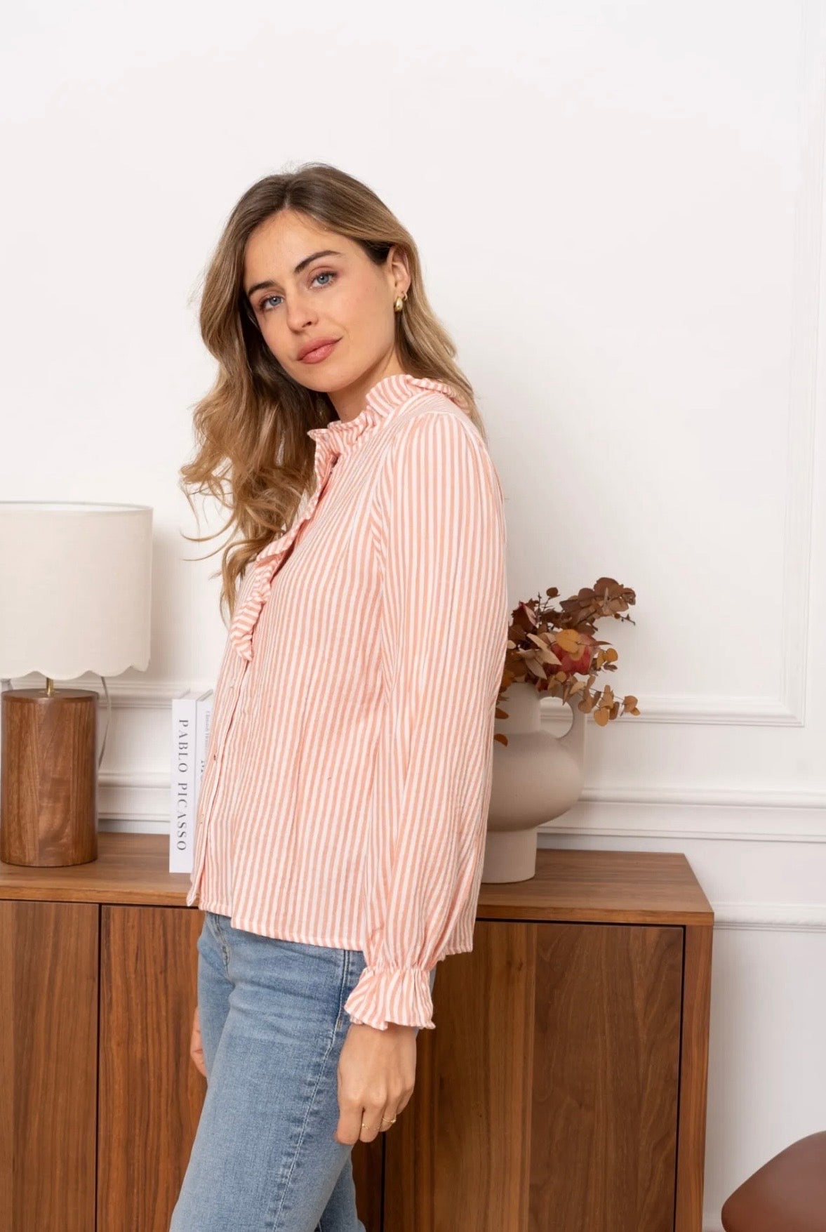 Carla Orange & White Striped Ruffle Shirt