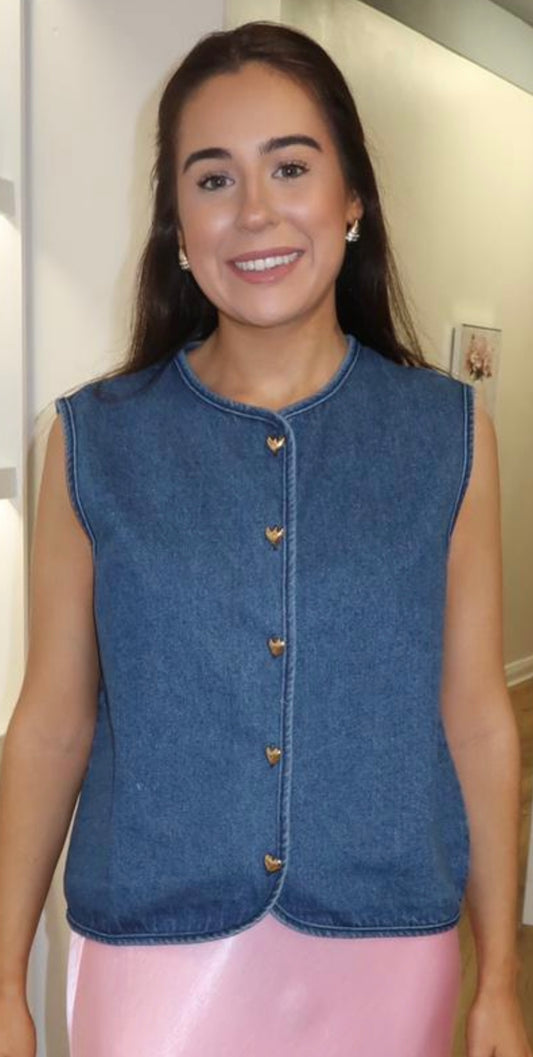 Kimberly Denim Waistcoat With Gold Heart Button Detail
