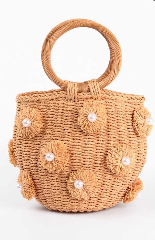 Pearl Pom Pom Woven Bag