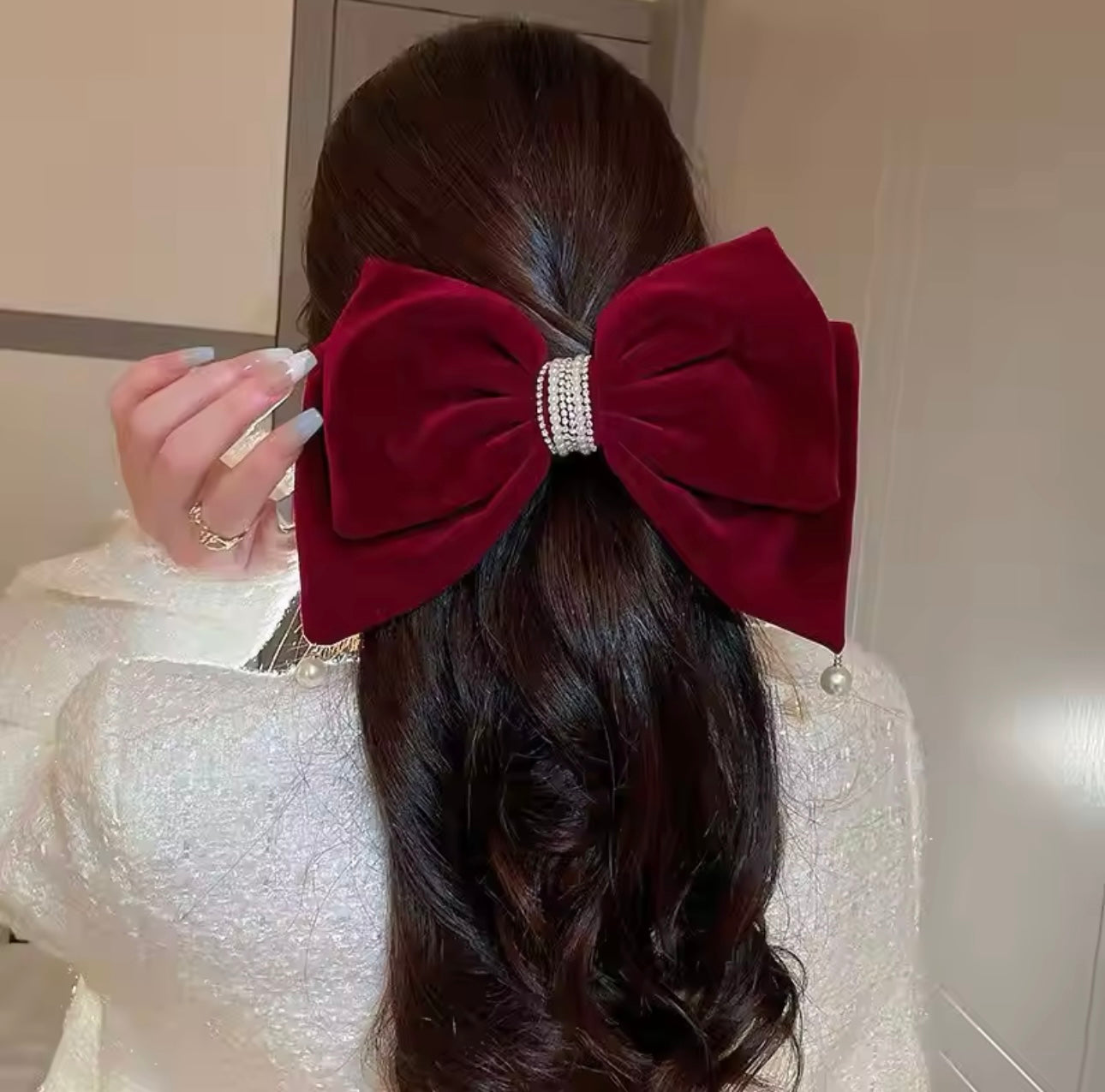 Large Pearl Diamanté Velvet Bow Red