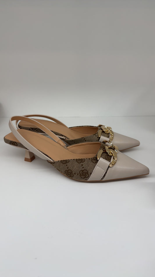 Cream & Beige Gold Bar Slingback Heels