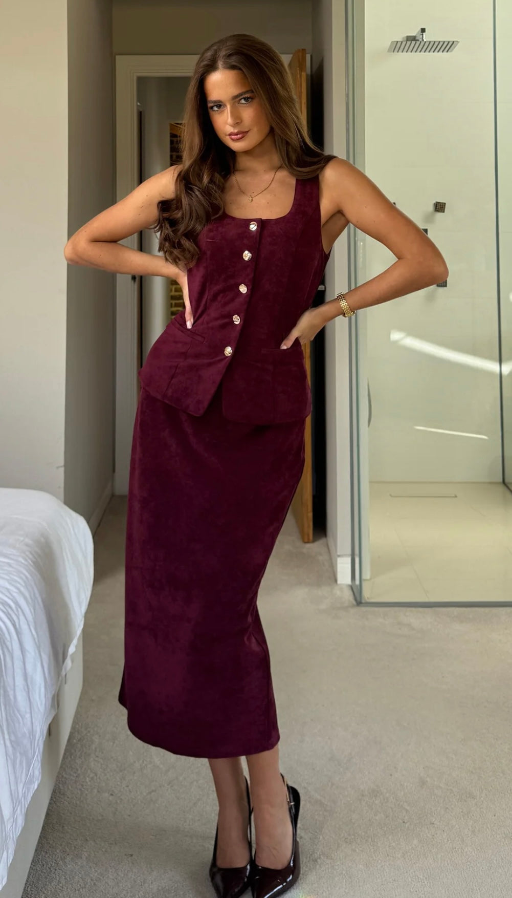 Berry Suede Waistcoat With Gold Button Appliqué