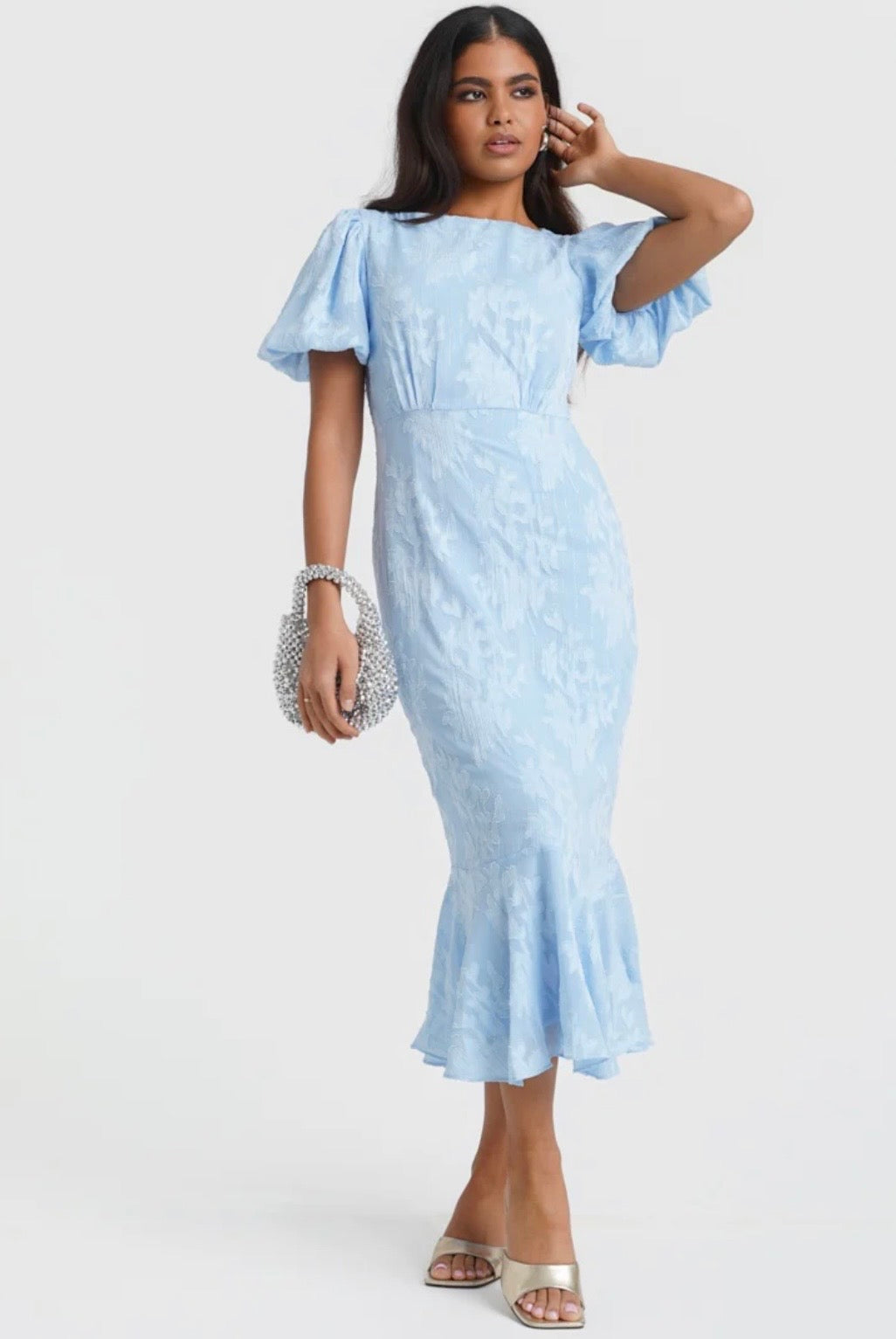 Eleanor Blue Jacquard Shimmer Puff Sleeve Occasion Dress