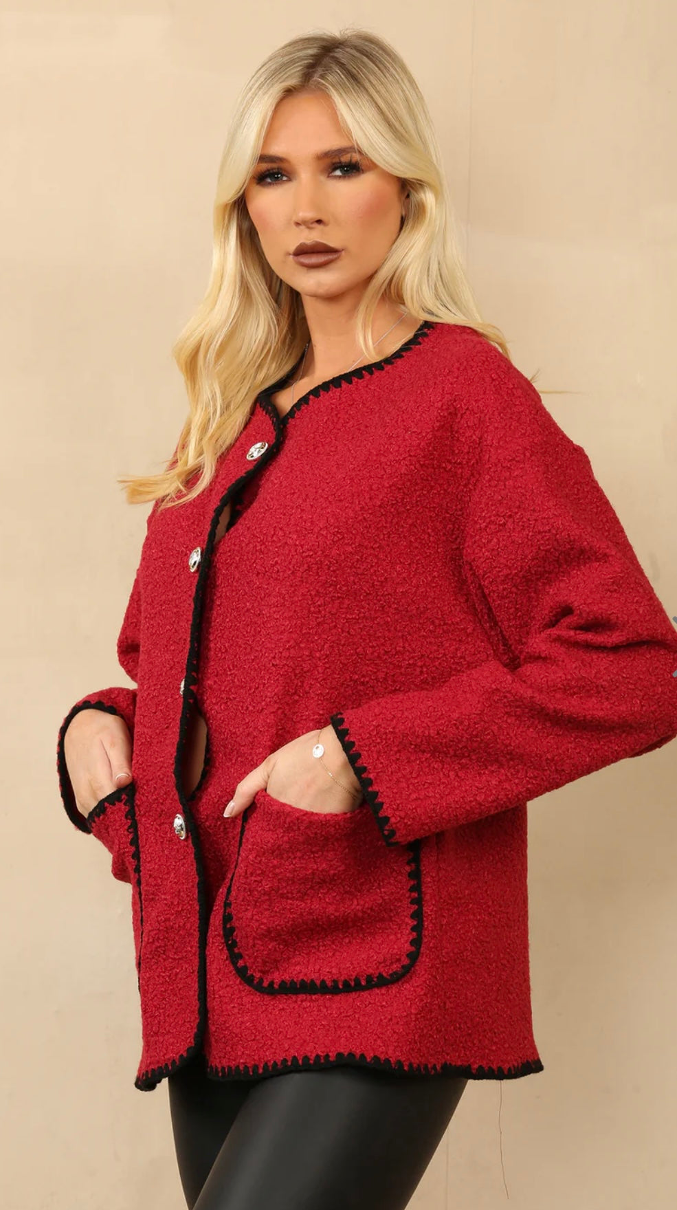 Ava Blanket Stitch Gold Button Jacket In Burgundy