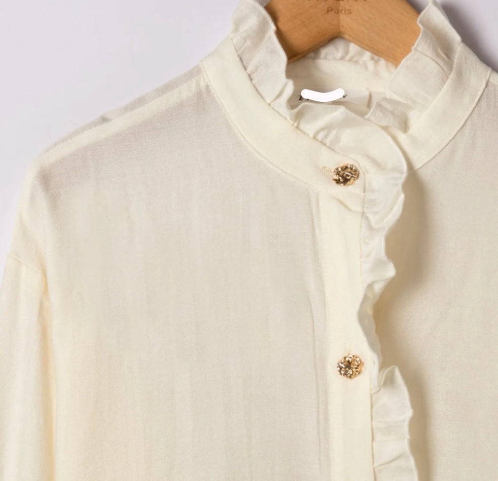 Cream Frill Blouse With Gold Button Appliqué