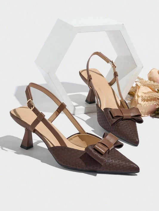Brown Bow Detail Slingback Heels