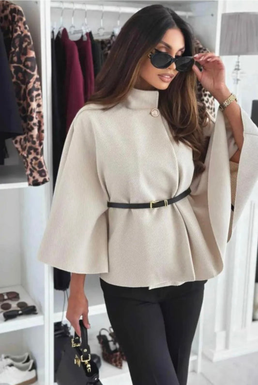 Cream Belted Cape Jacket