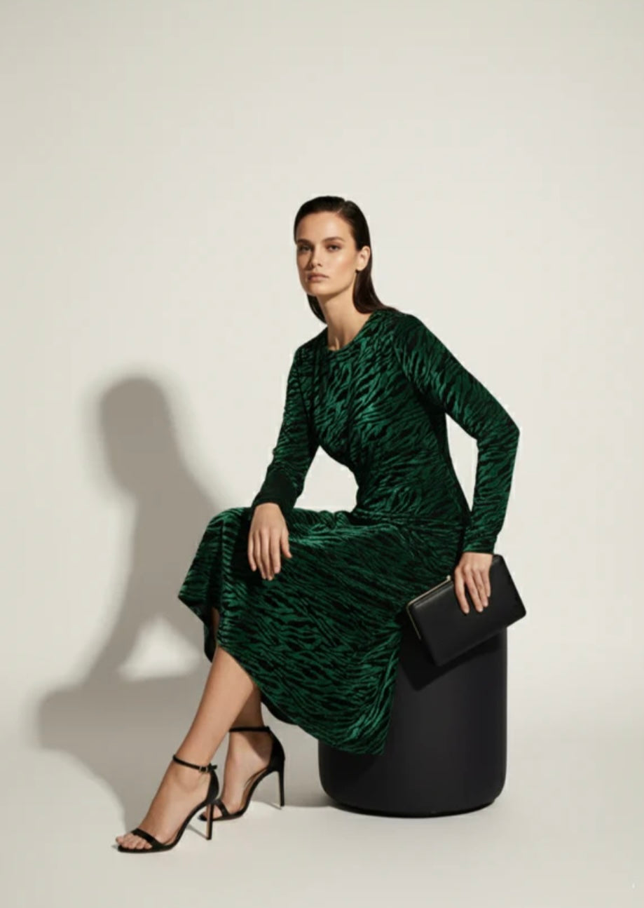 Velvet Zebra Print Midi Dress In Emerald & Black