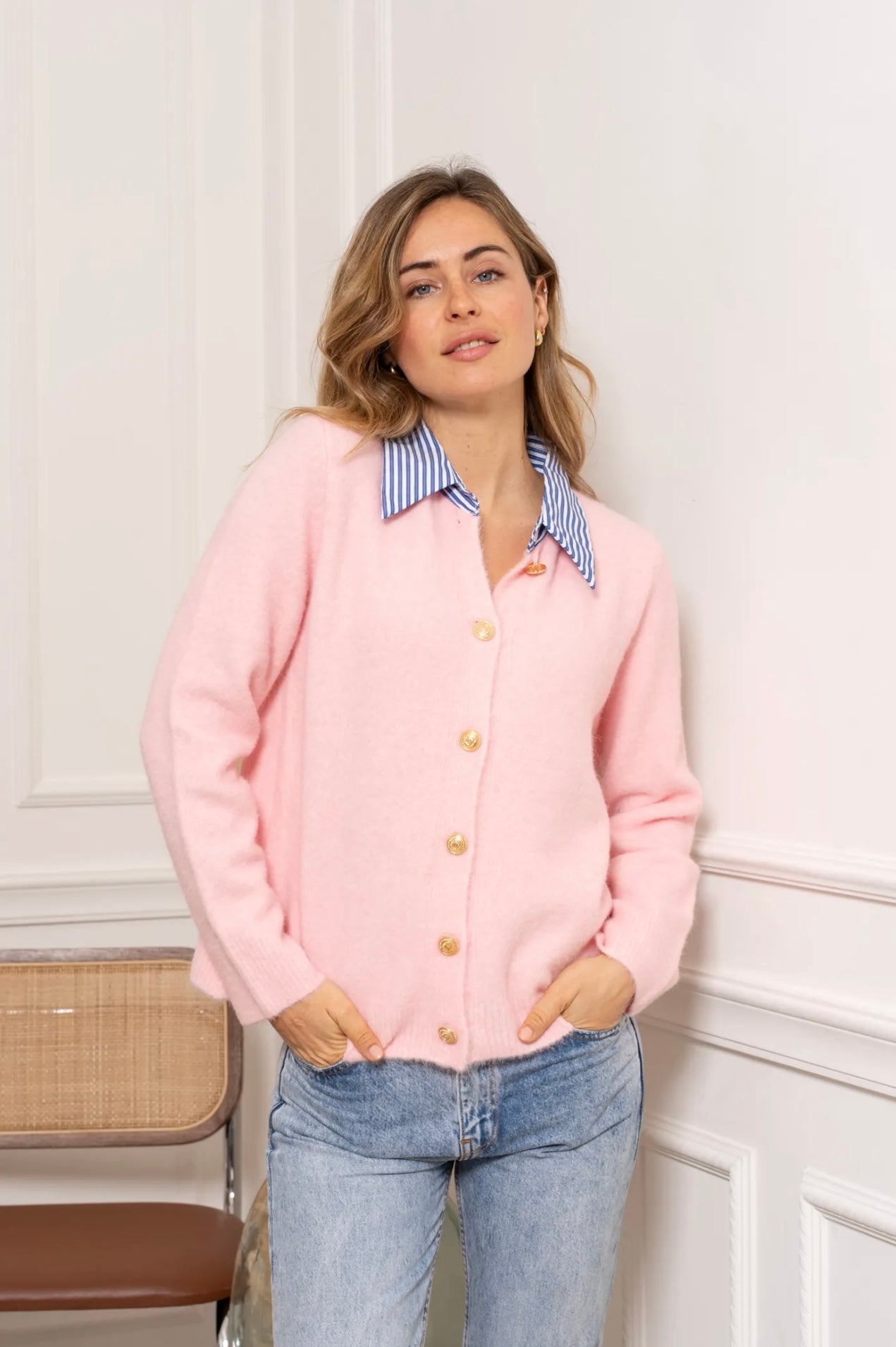 Meg Cardigan Pink With False Striped Collar