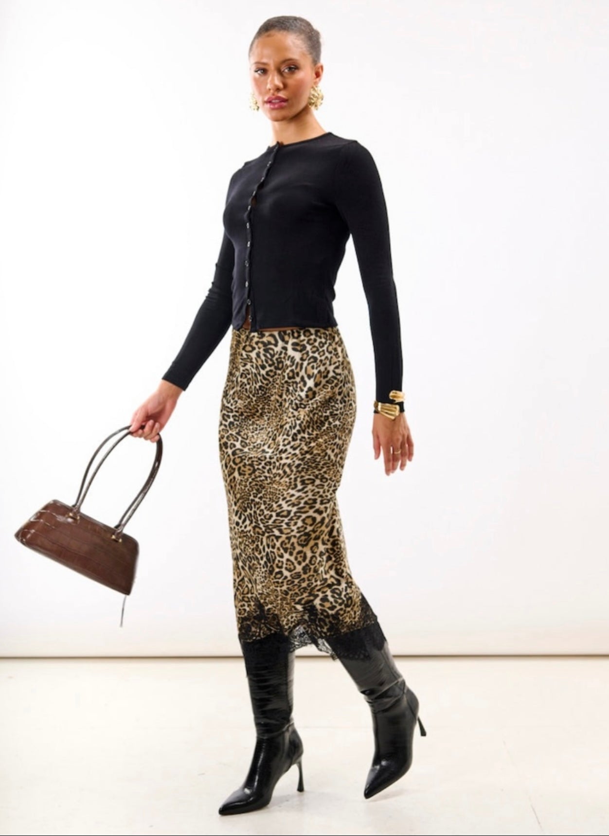 Leopard Print Satin Lace Midi Skirt