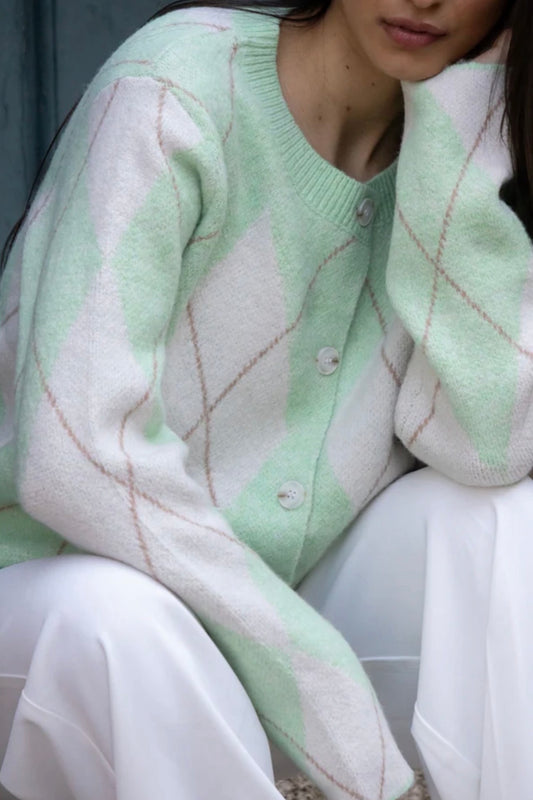 Megan Sage & Cream Argyle Cardigan