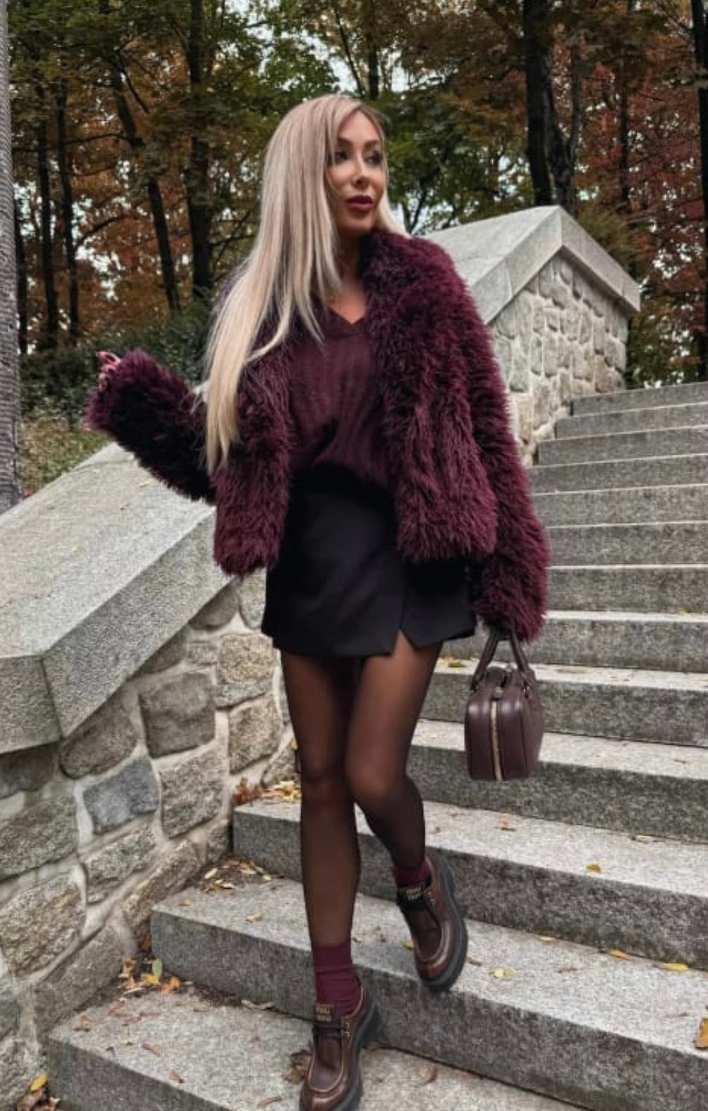 Sasha Burgundy Faux Fur Coat