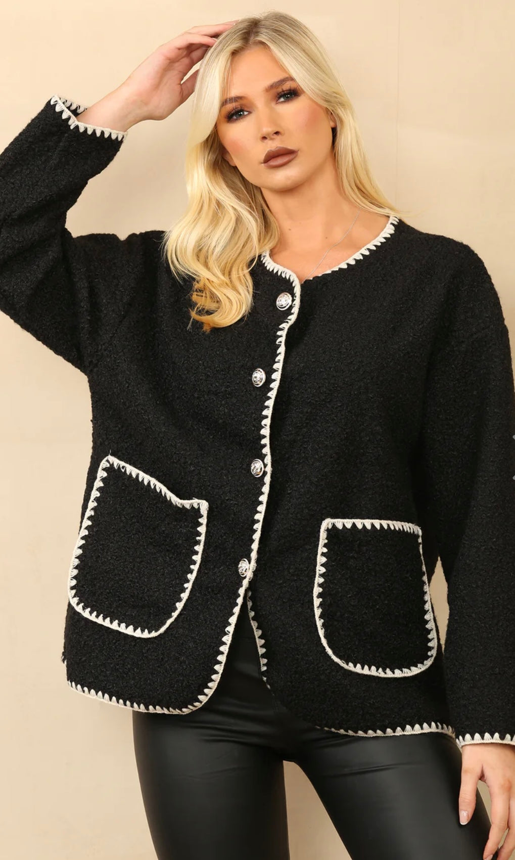 Ava Blanket Stitch Gold Button Jacket In Black