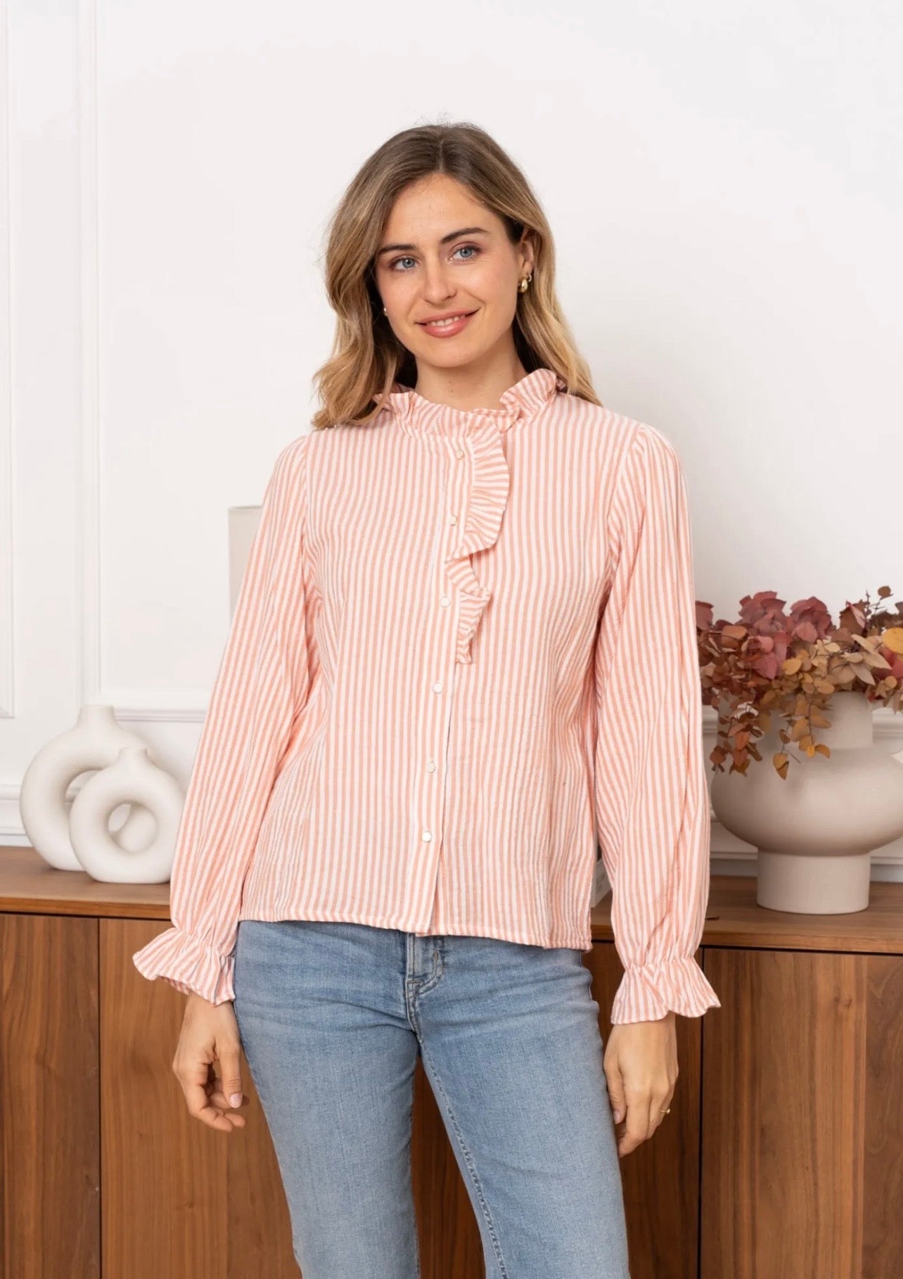 Carla Orange & White Striped Ruffle Shirt