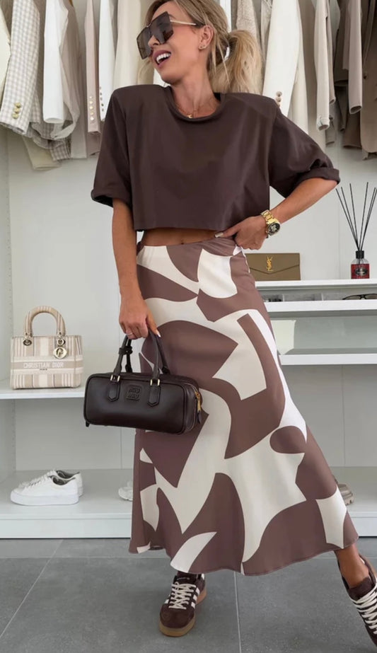 Cream & Brown Satin Skirt