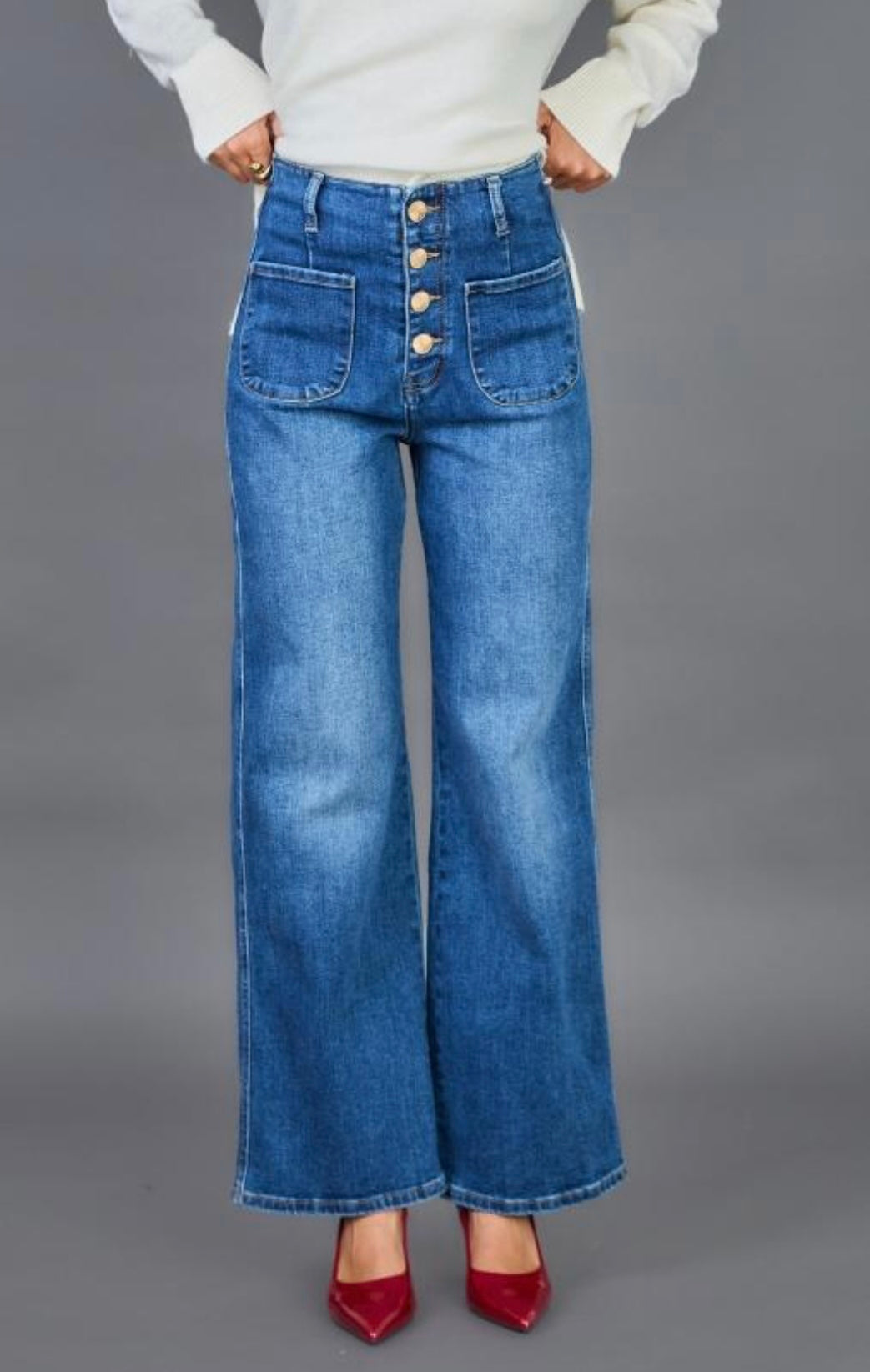 Mid Wash Gold Button Wide Leg Jeans