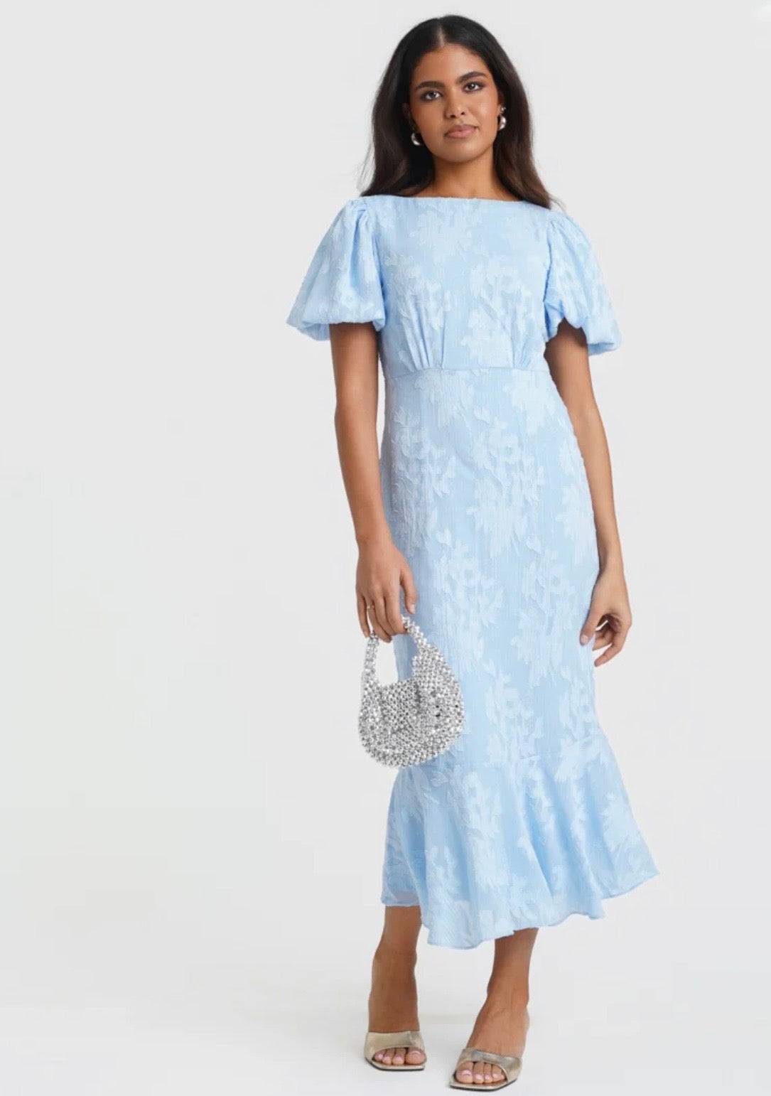 Eleanor Blue Jacquard Shimmer Puff Sleeve Occasion Dress