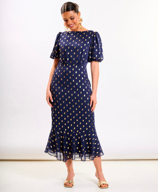 Claudia Navy Gold Foil Polka Dot Midi Dress